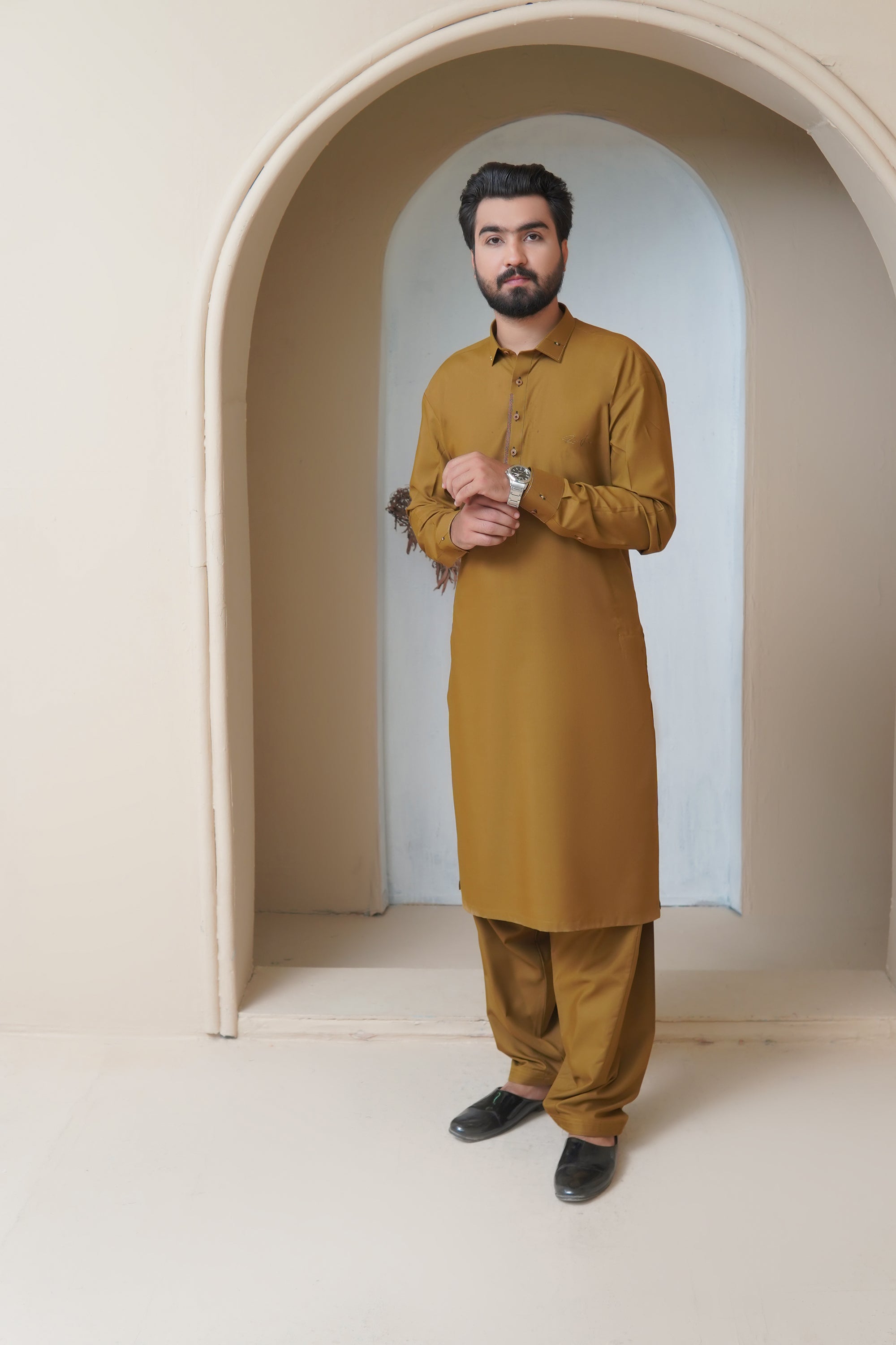 Mustard Ochre Wash & Wear Shalwar Kameez (2-Piece) - Image 5
