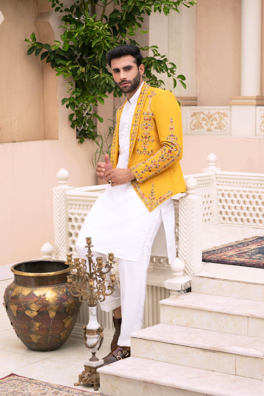 Mustard Adda Work Silk Prince Coat (2-Piece) - Image 2