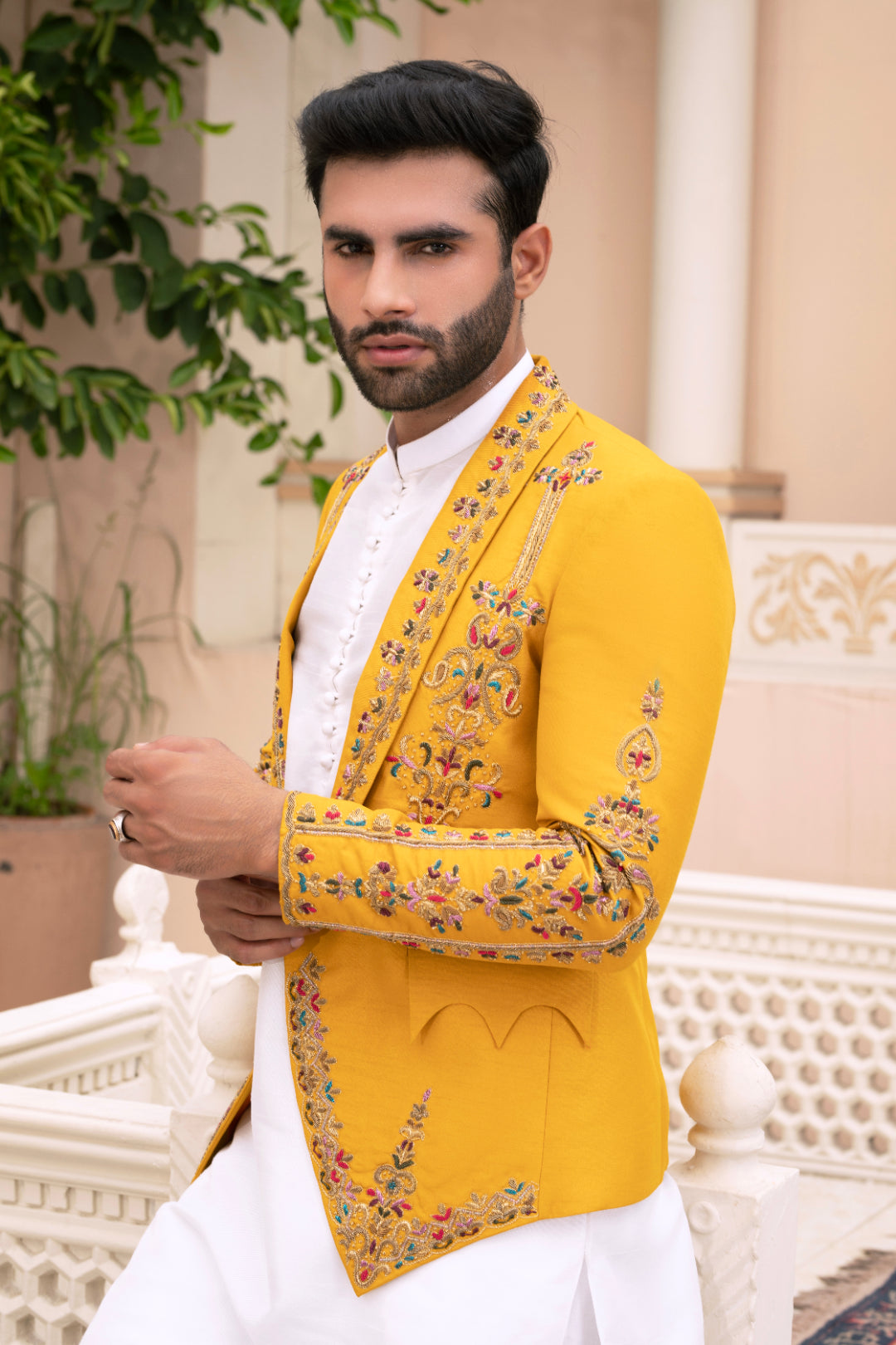Mustard Adda Work Silk Prince Coat (2-Piece) - Image 3