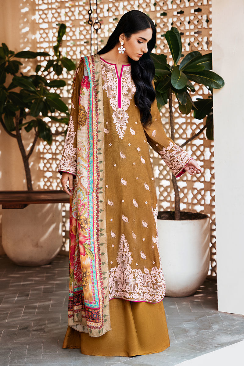 Pakistani Mustard Embroidered Cotton Net Salwar Kameez (3-Piece) - Image 1