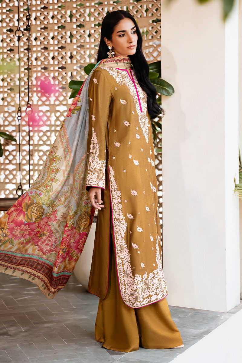 Pakistani Mustard Embroidered Cotton Net Salwar Kameez (3-Piece) - Image 3