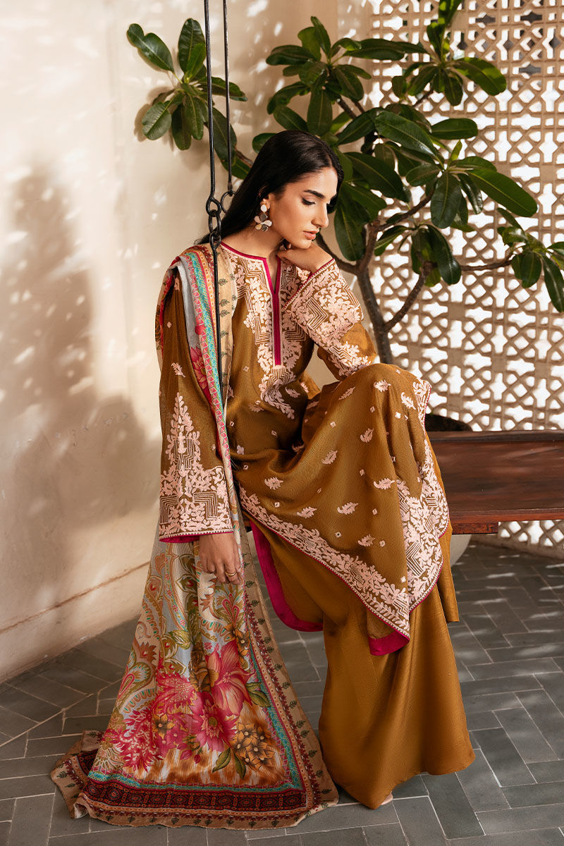 Pakistani Mustard Embroidered Cotton Net Salwar Kameez (3-Piece) - Image 4