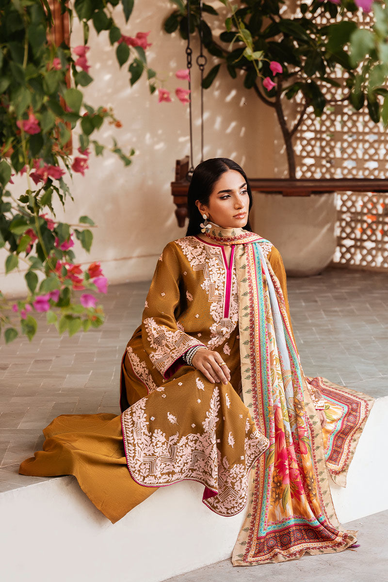 Pakistani Mustard Embroidered Cotton Net Salwar Kameez (3-Piece) - Image 5