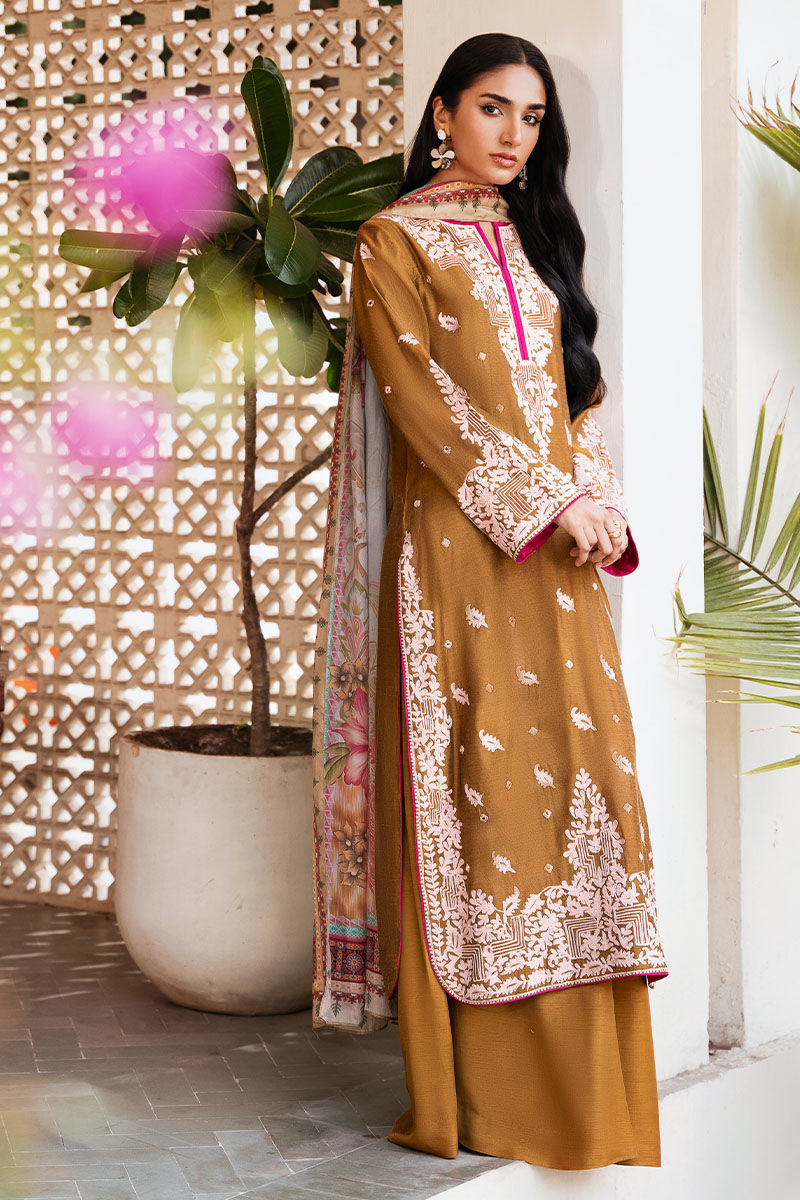 Pakistani Mustard Embroidered Cotton Net Salwar Kameez (3-Piece) - Image 6