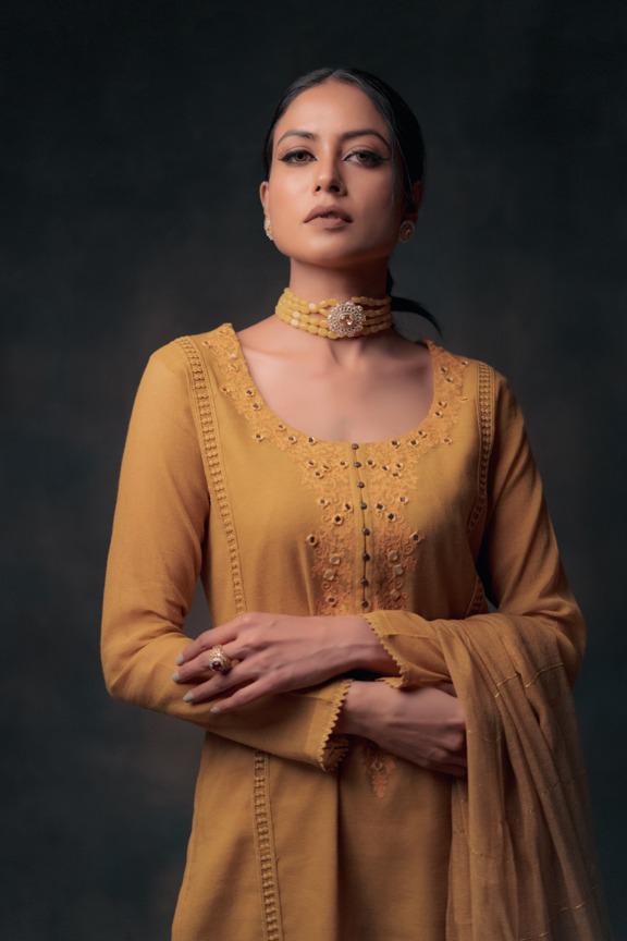 Pakistani Terracotta Mustard Embroidered Georgette Kurta Set (3-Piece) - Image 1