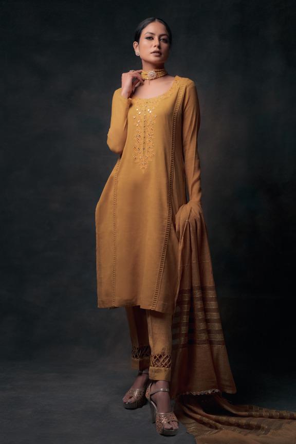 Pakistani Terracotta Mustard Embroidered Georgette Kurta Set (3-Piece) - Image 2