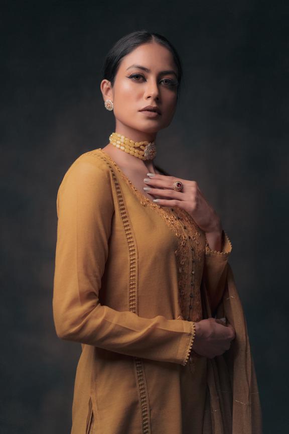 Pakistani Terracotta Mustard Embroidered Georgette Kurta Set (3-Piece) - Image 3