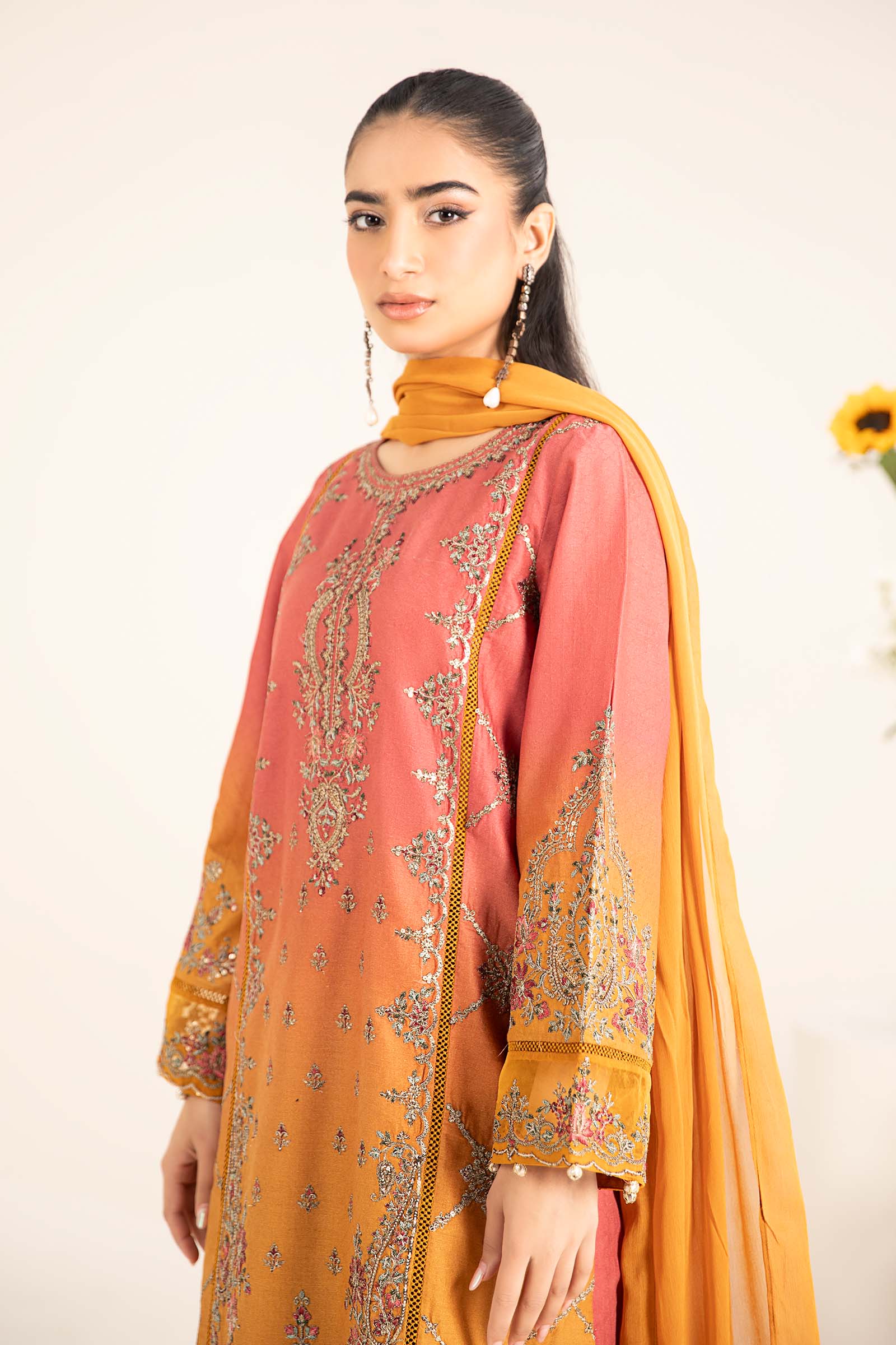 Mustard & Coral Embroidered Self Jacquard Lawn Suit (3-Piece) - Image 2