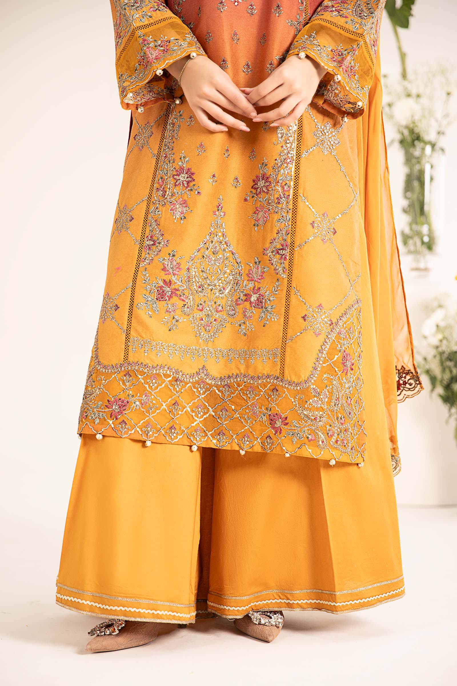 Mustard & Coral Embroidered Self Jacquard Lawn Suit (3-Piece) - Image 3