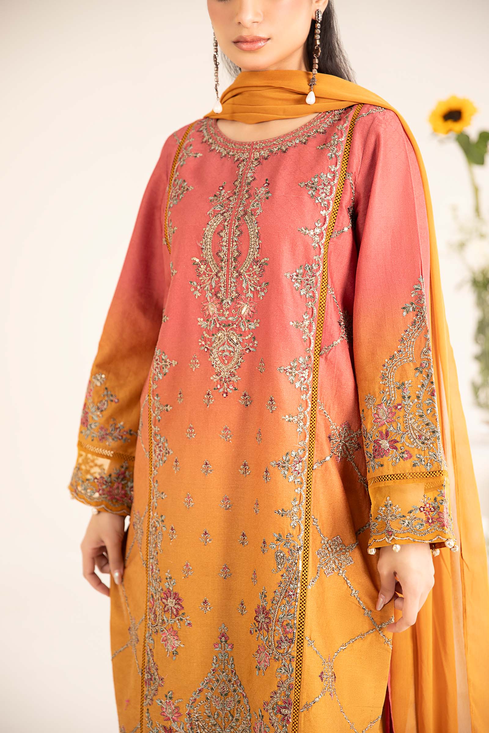 Mustard & Coral Embroidered Self Jacquard Lawn Suit (3-Piece) - Image 4