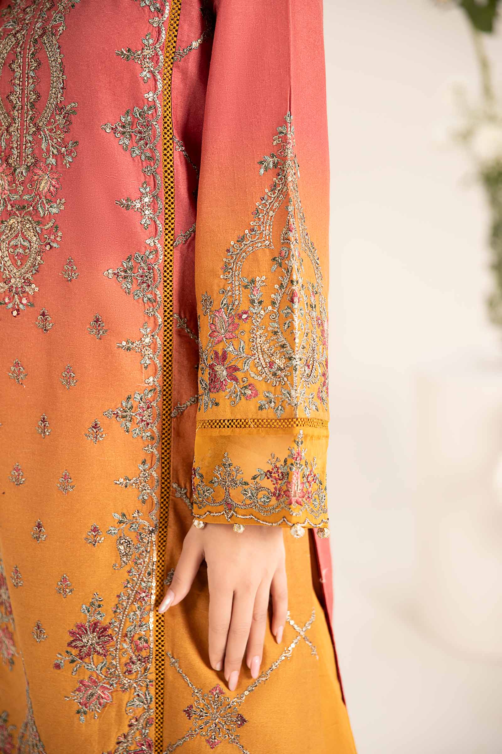 Mustard & Coral Embroidered Self Jacquard Lawn Suit (3-Piece) - Image 5