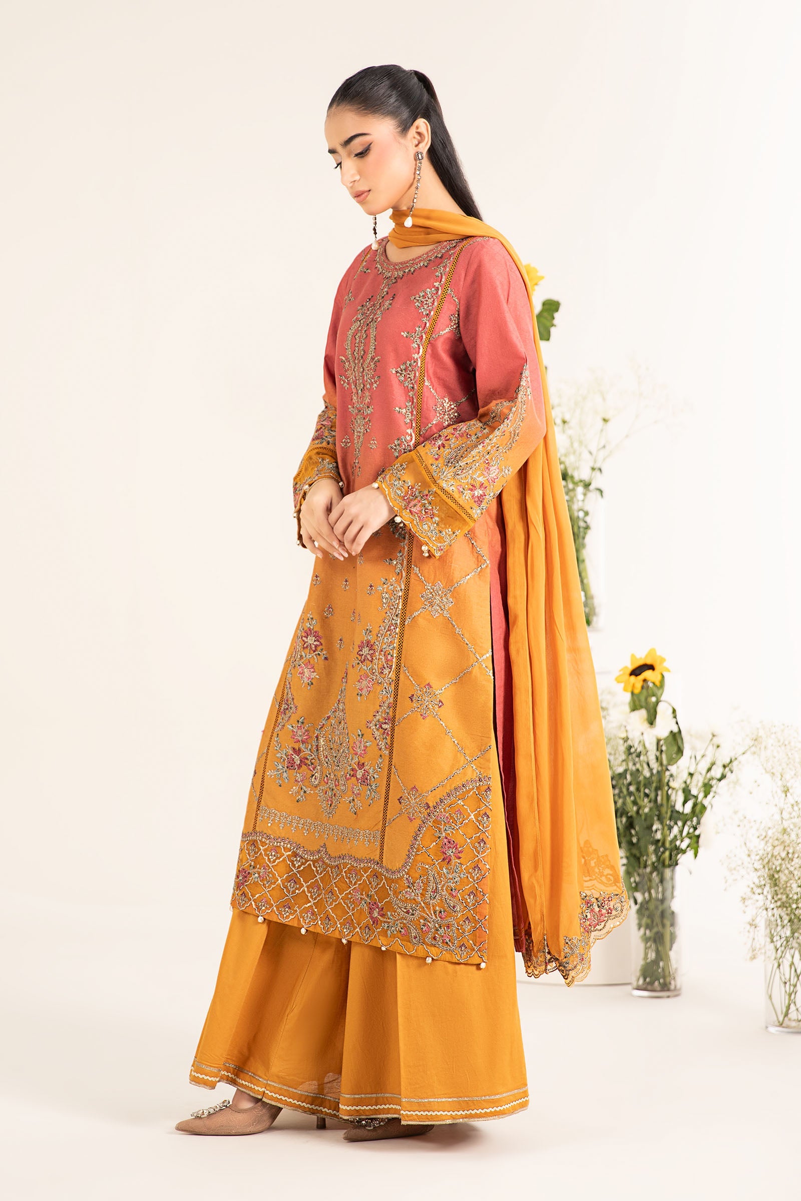 Mustard & Coral Embroidered Self Jacquard Lawn Suit (3-Piece) - Image 6