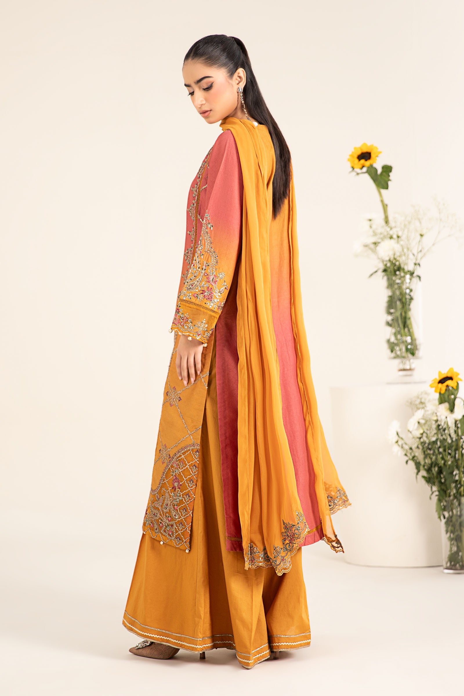 Mustard & Coral Embroidered Self Jacquard Lawn Suit (3-Piece) - Image 7