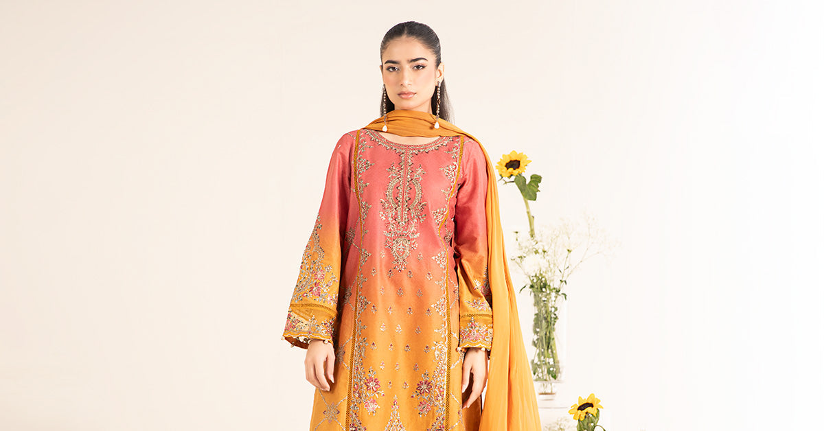 Mustard & Coral Embroidered Self Jacquard Lawn Suit (3-Piece) - Image 8