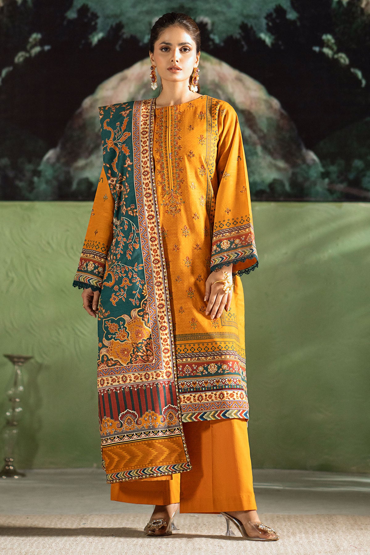 Mustard Digital Printed Khaddar 3-Piece Suit - Image 1