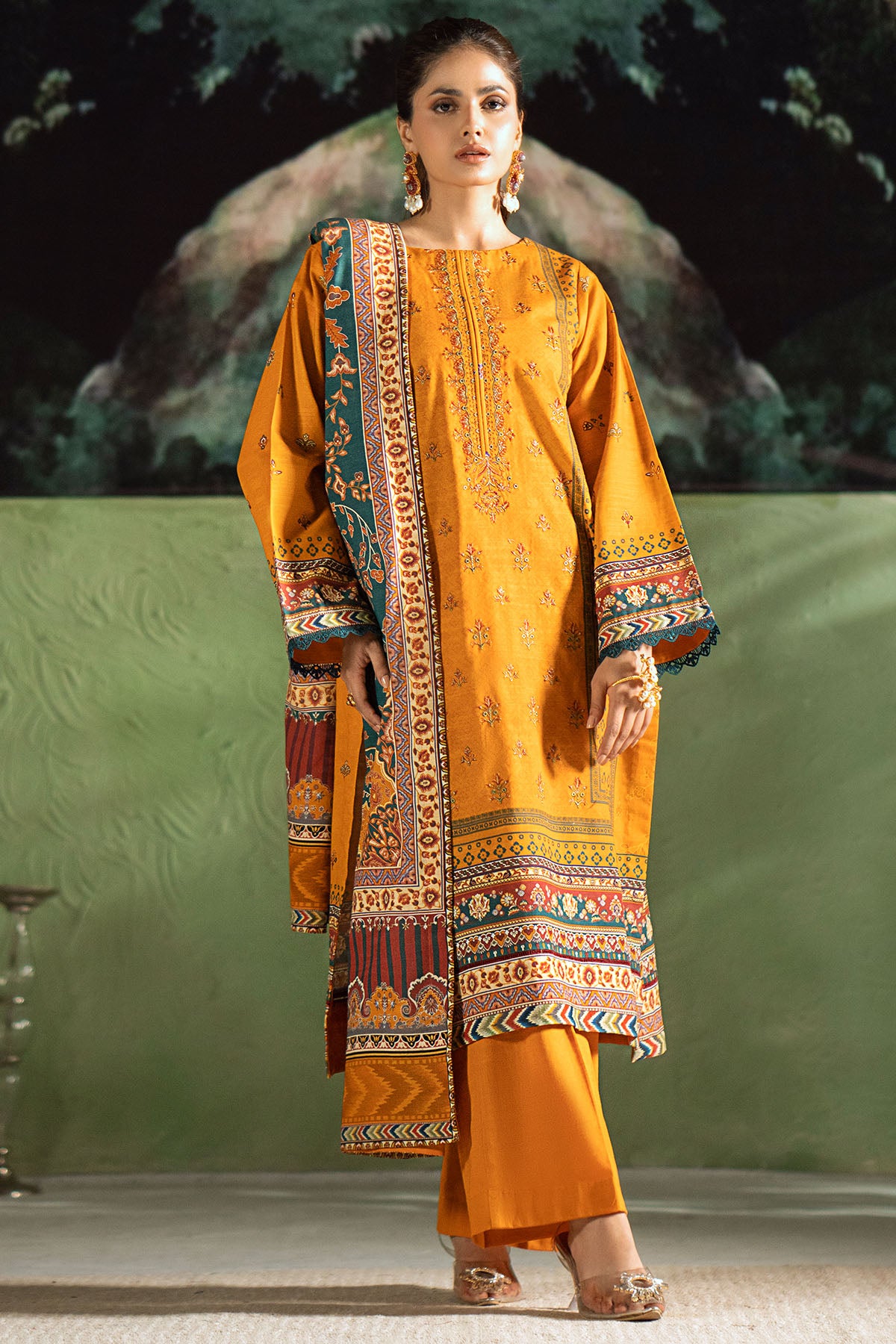 Mustard Digital Printed Khaddar 3-Piece Suit - Image 2