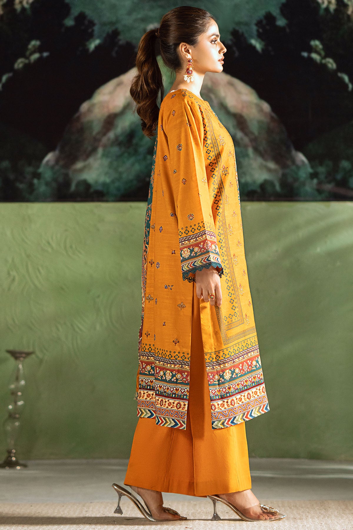 Mustard Digital Printed Khaddar 3-Piece Suit - Image 3