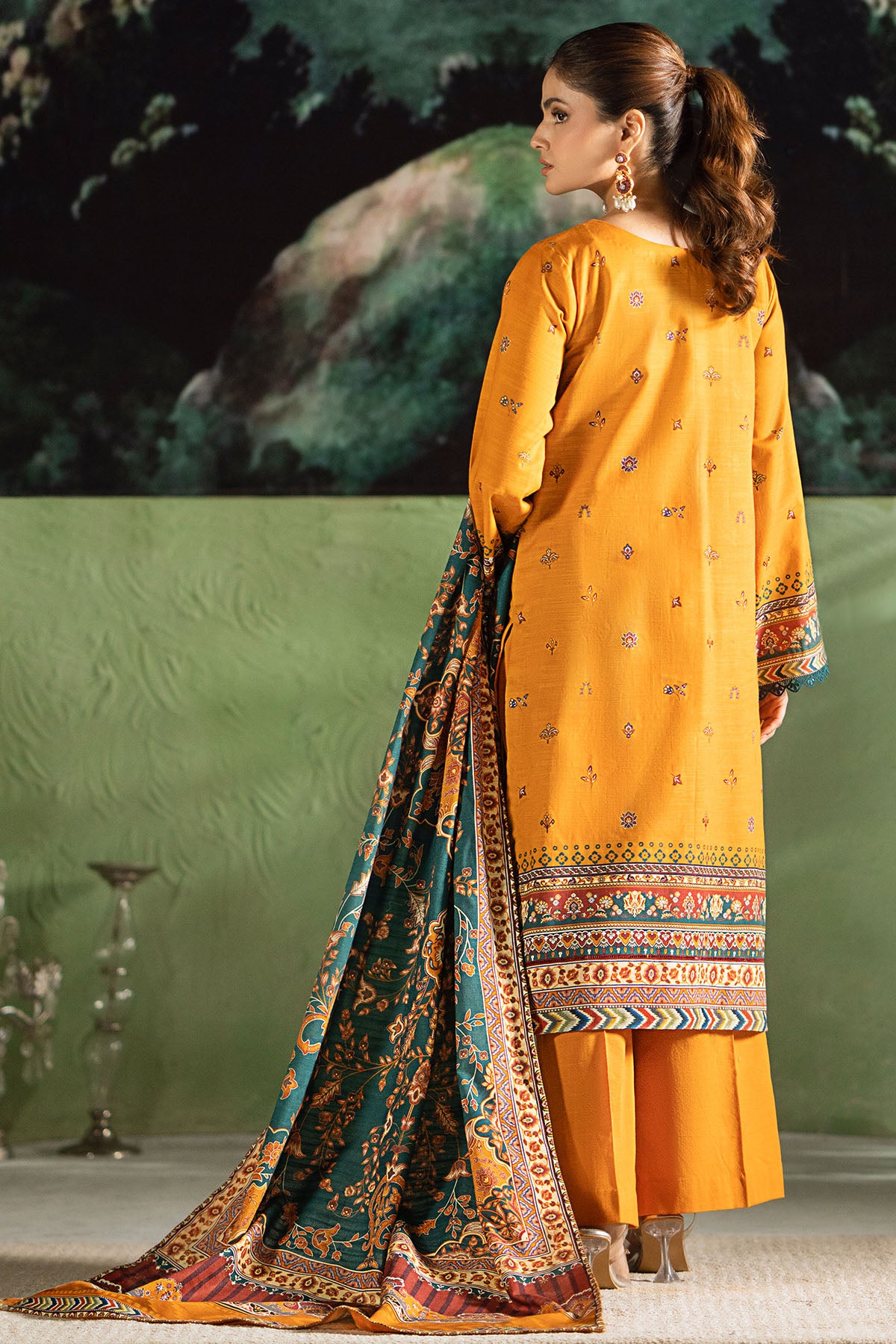 Mustard Digital Printed Khaddar 3-Piece Suit - Image 4