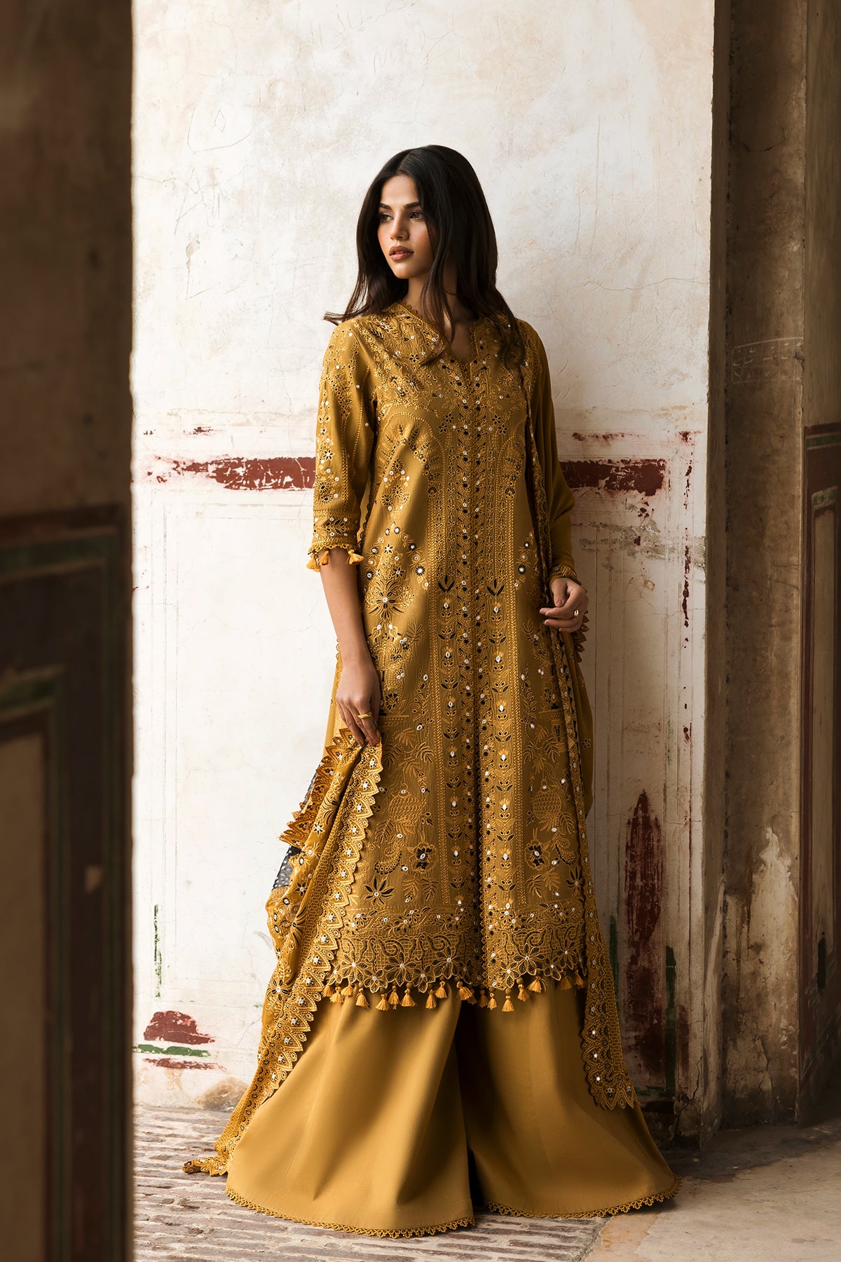 Deep Mustard Embroidered Lawn Salwar Kameez (3-Piece) - Image 1