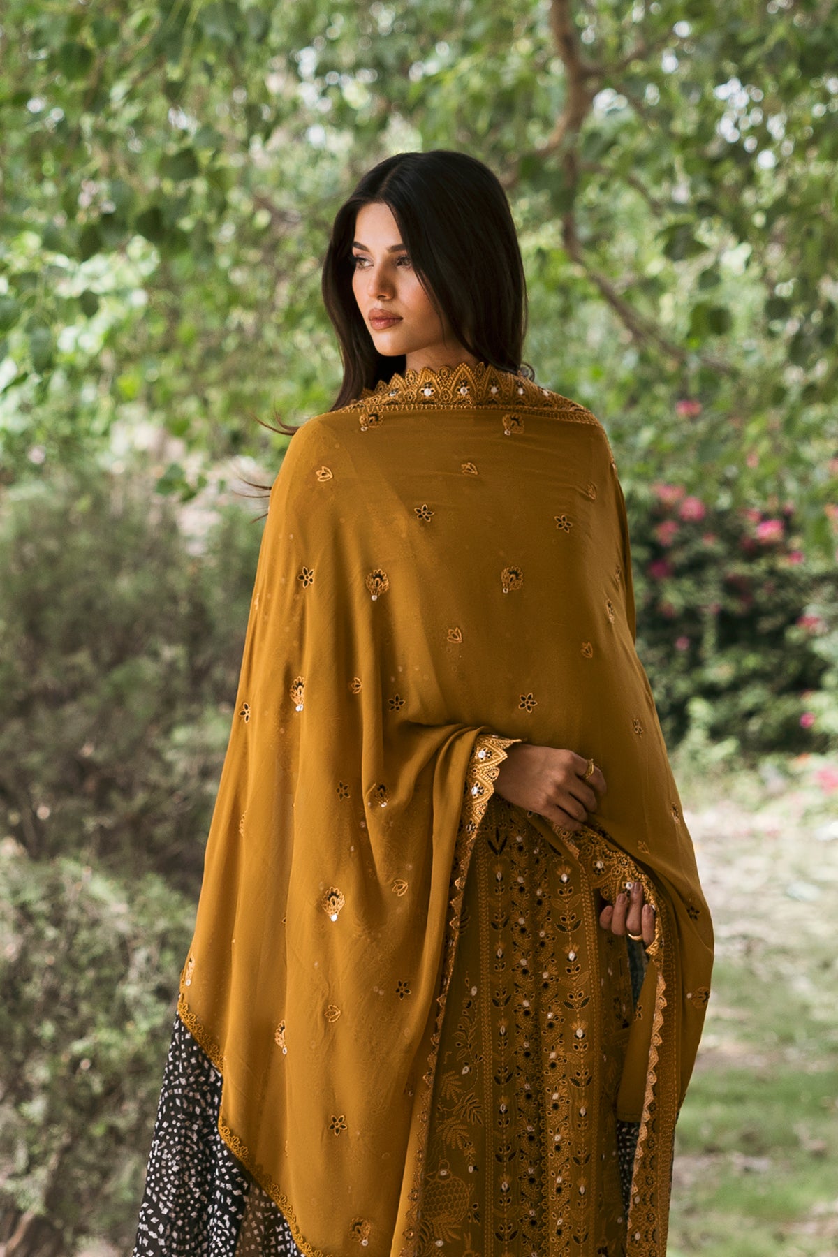Deep Mustard Embroidered Lawn Salwar Kameez (3-Piece) - Image 3