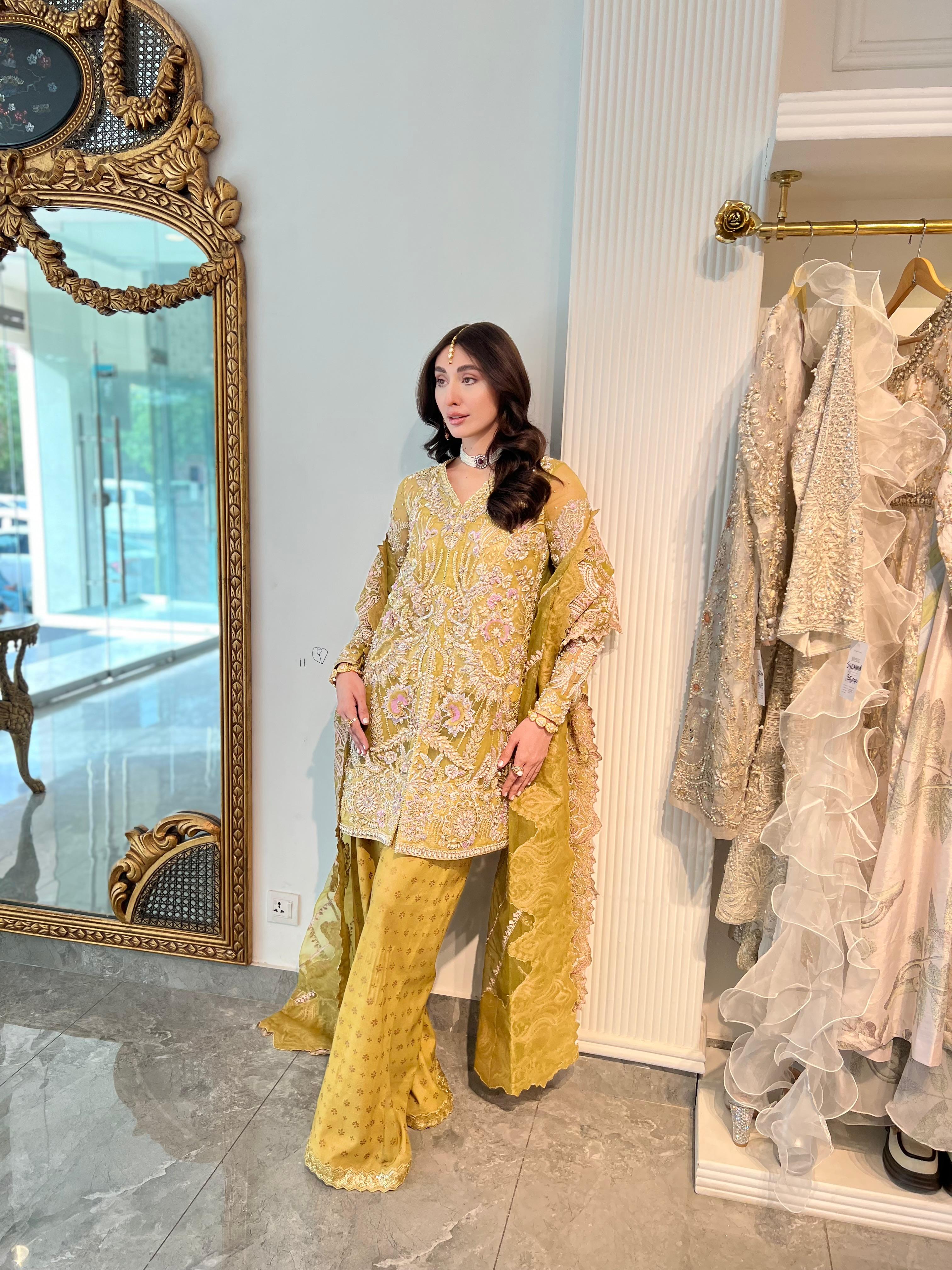 Mustard Olive Embroidered Organza & Silk Salwar Kameez (3-Piece) - Image 1