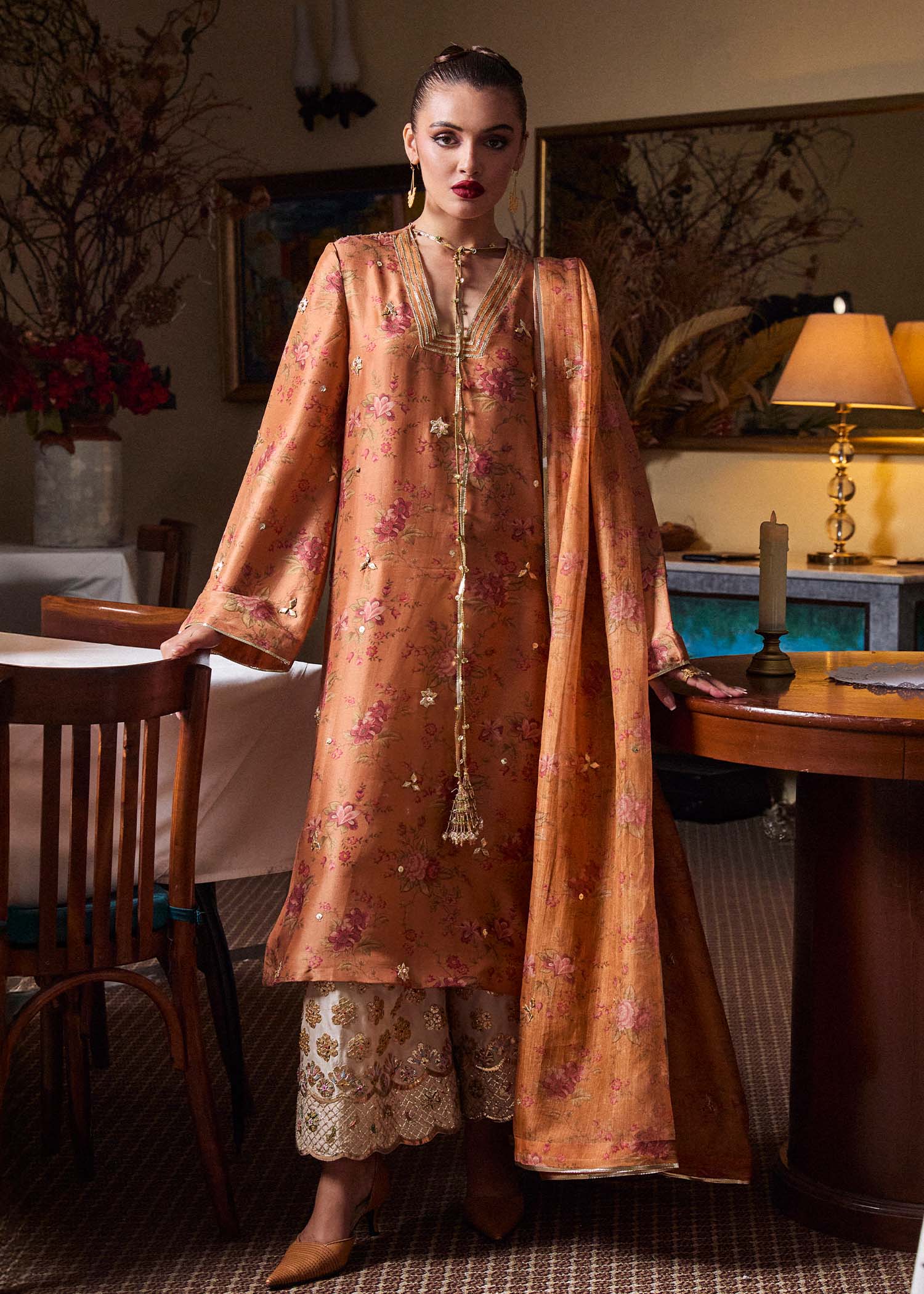 Rustic Mustard Printed Pure Raw Silk Salwar Kameez (3-Piece) - Image 2