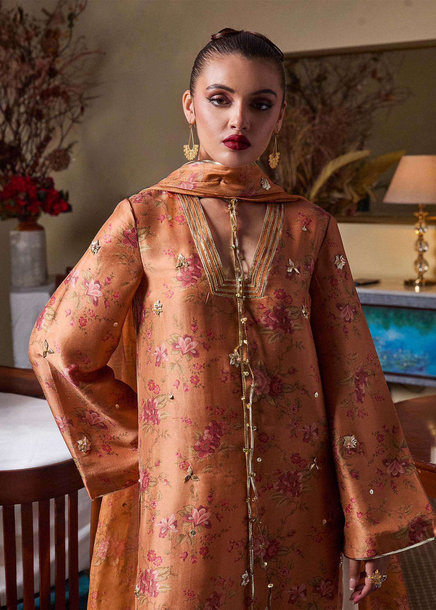 Rustic Mustard Printed Pure Raw Silk Salwar Kameez (3-Piece) - Image 3