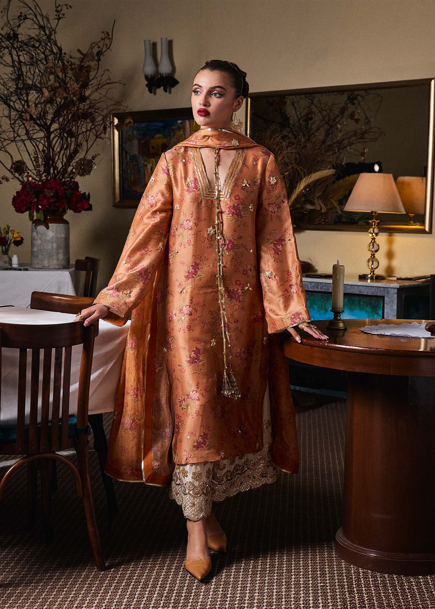 Rustic Mustard Printed Pure Raw Silk Salwar Kameez (3-Piece) - Image 5