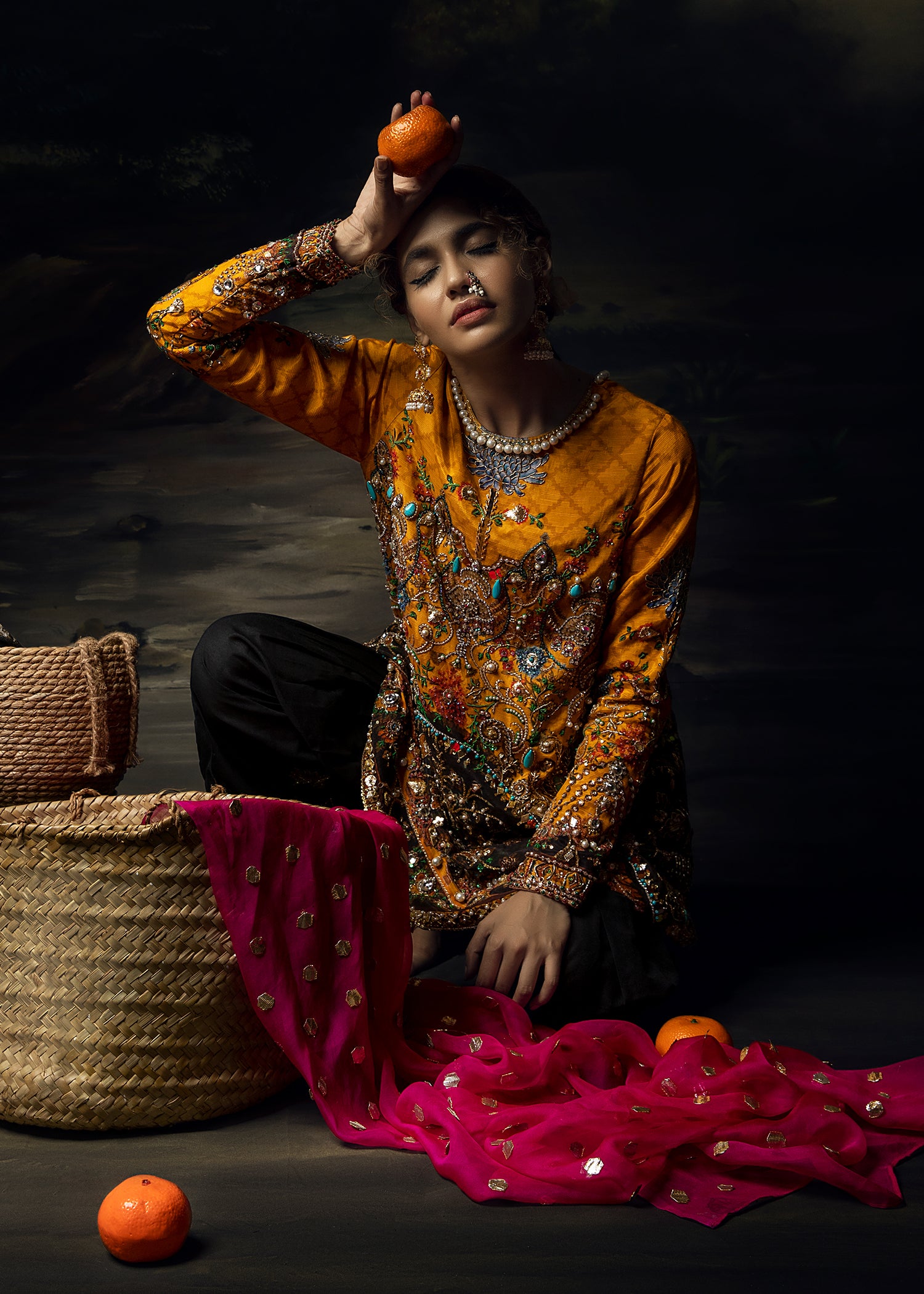 Mustard Gota Embroidered Raw Silk Salwar Kameez (3-Piece) - Image 4