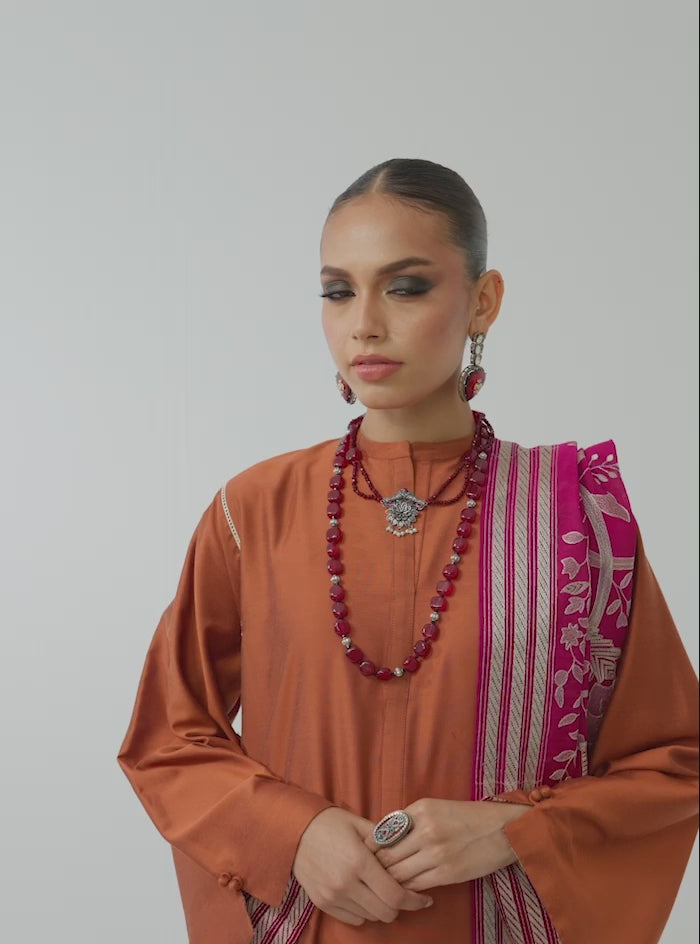 Mustard Kantha Embroidered Raw Silk Salwar Kameez (3-Piece) - Image 8