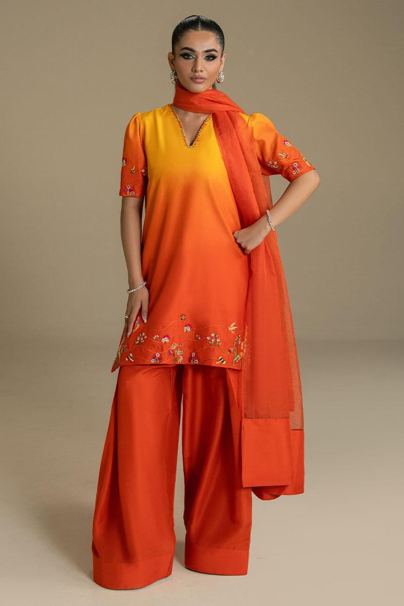 Pakistani Mustard Ombre Embroidered Silk-Blend Salwar Kameez (3-Piece) - Image 2