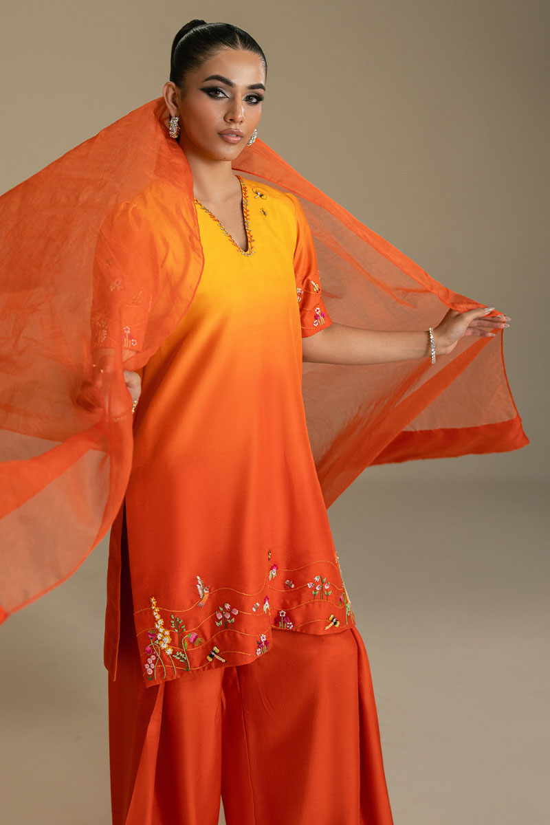 Pakistani Mustard Ombre Embroidered Silk-Blend Salwar Kameez (3-Piece) - Image 3