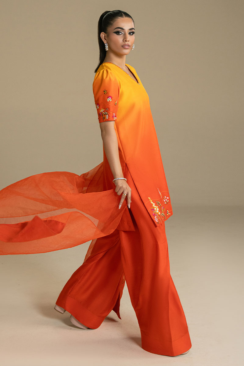 Pakistani Mustard Ombre Embroidered Silk-Blend Salwar Kameez (3-Piece) - Image 4