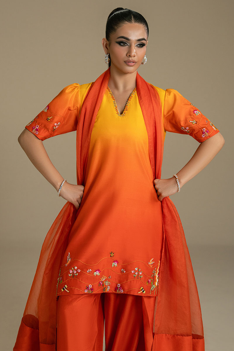 Pakistani Mustard Ombre Embroidered Silk-Blend Salwar Kameez (3-Piece) - Image 5