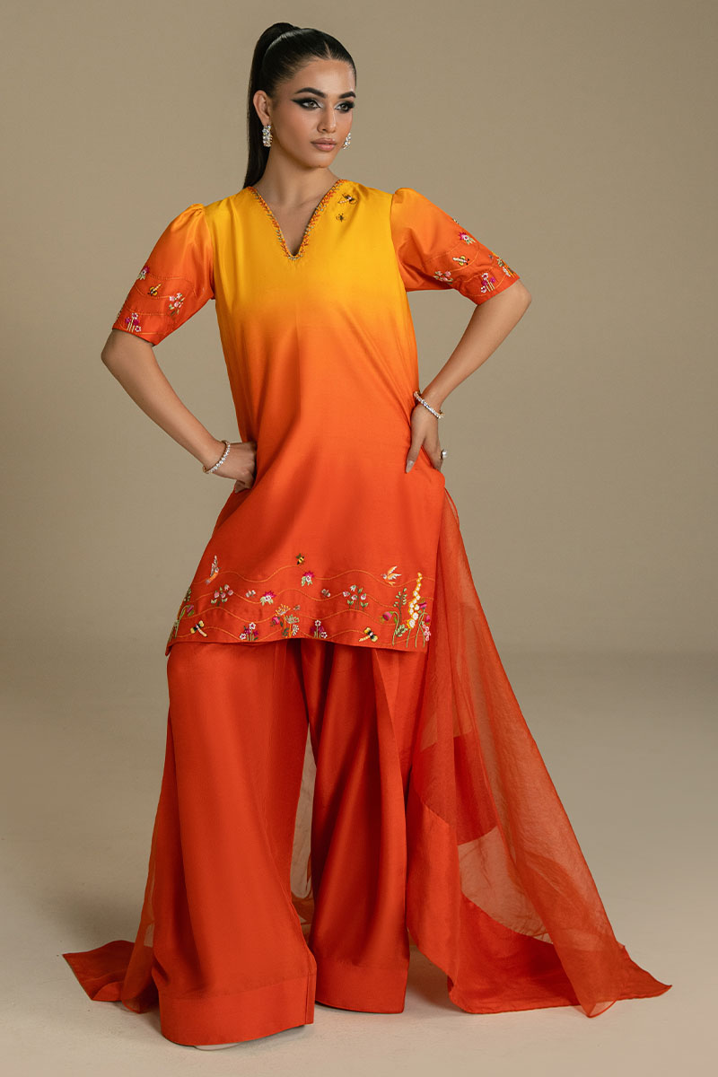 Pakistani Mustard Ombre Embroidered Silk-Blend Salwar Kameez (3-Piece) - Image 6