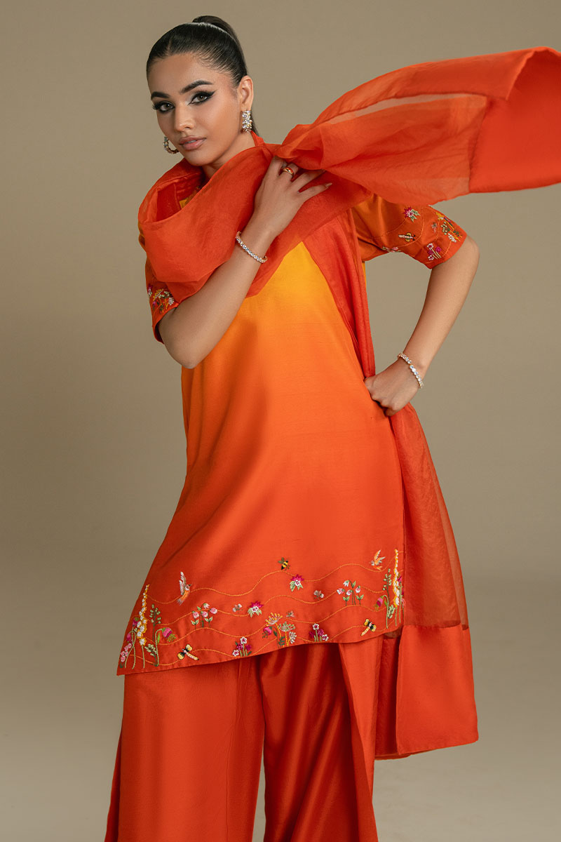 Pakistani Mustard Ombre Embroidered Silk-Blend Salwar Kameez (3-Piece) - Image 7