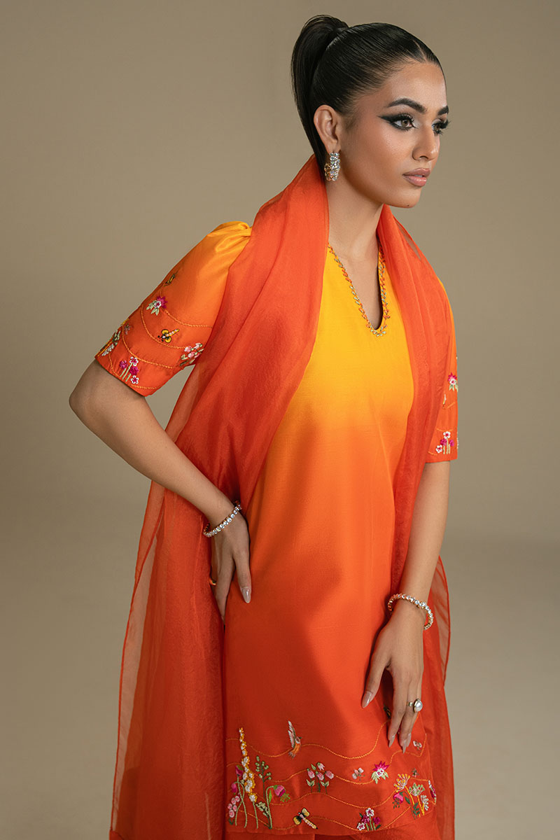 Pakistani Mustard Ombre Embroidered Silk-Blend Salwar Kameez (3-Piece) - Image 8