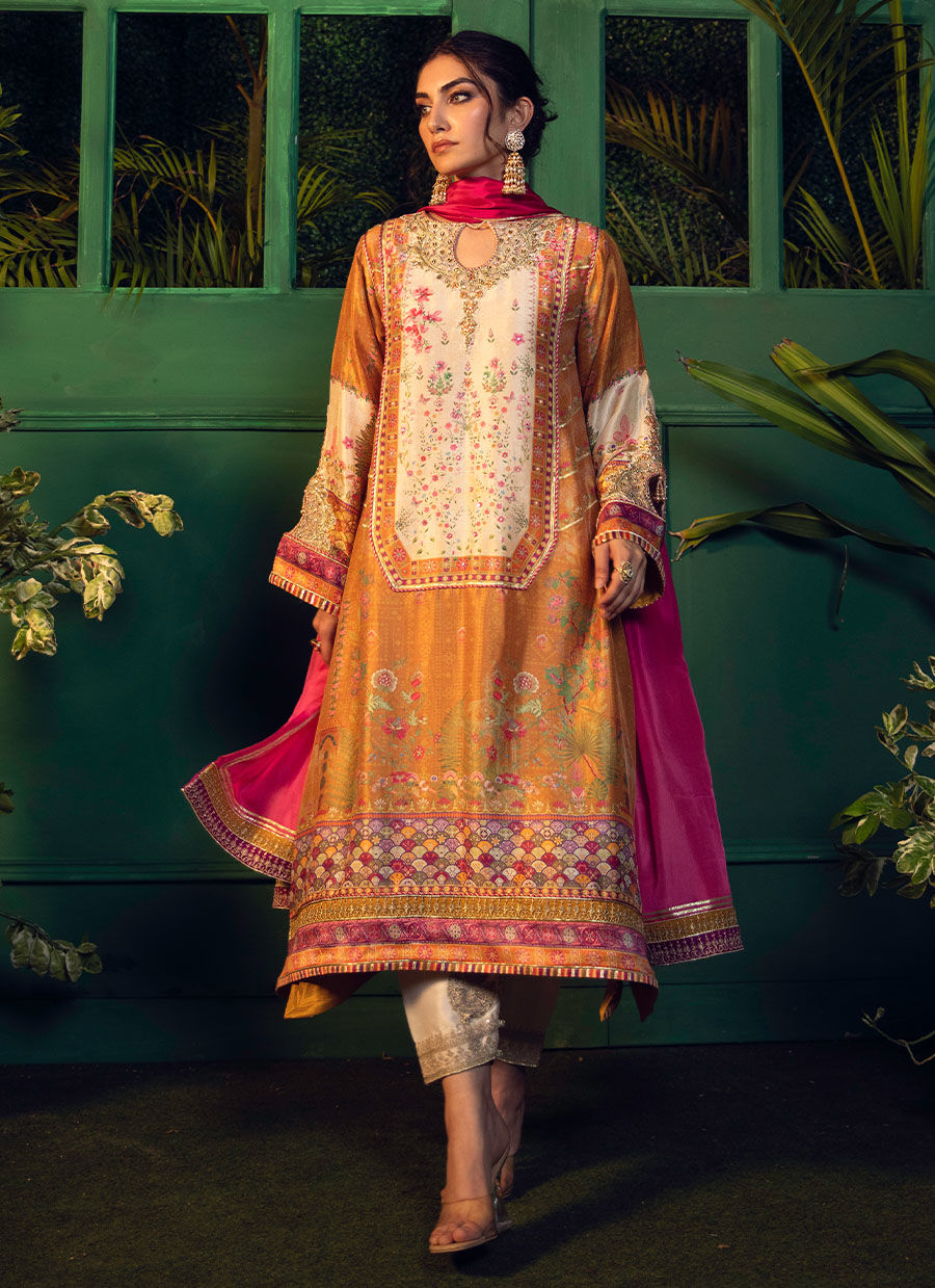 Pakistani Mustard Magenta Embellished Pure Silk Kurta (3-Piece) - Image 1