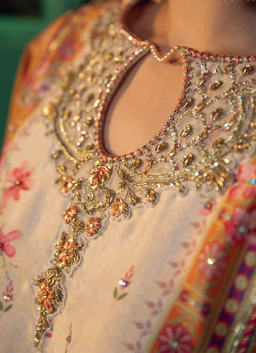 Pakistani Mustard Magenta Embellished Pure Silk Kurta (3-Piece) - Image 3