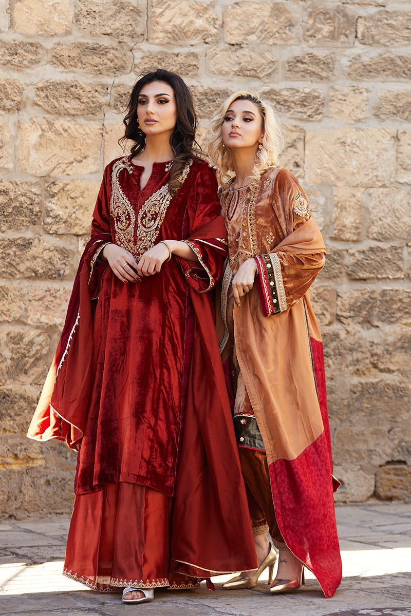 Mustard Handworked Velvet & Raw Silk Salwar Kameez (3-Piece) - Image 5