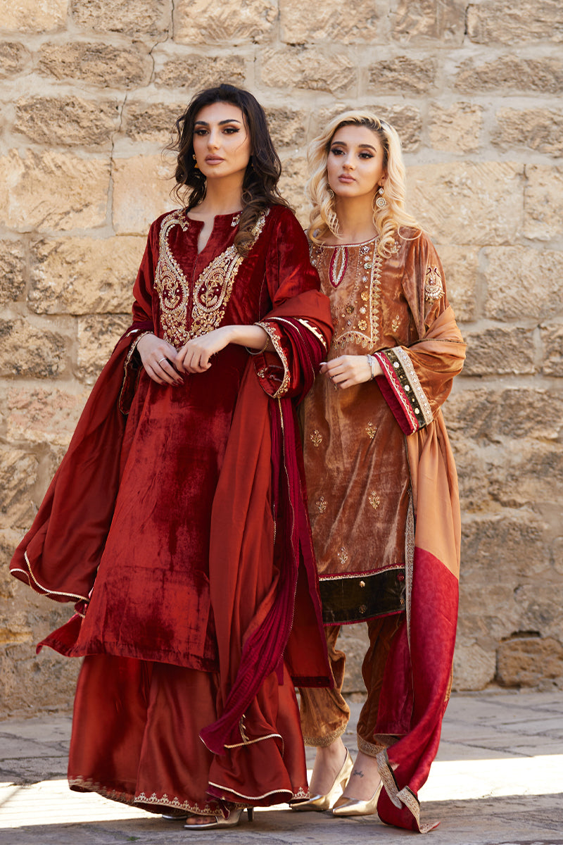 Mustard Handworked Velvet & Raw Silk Salwar Kameez (3-Piece) - Image 6