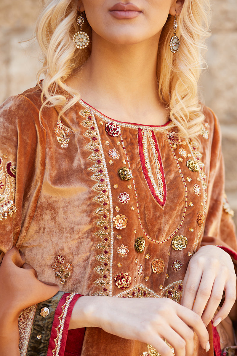 Mustard Handworked Velvet & Raw Silk Salwar Kameez (3-Piece) - Image 8