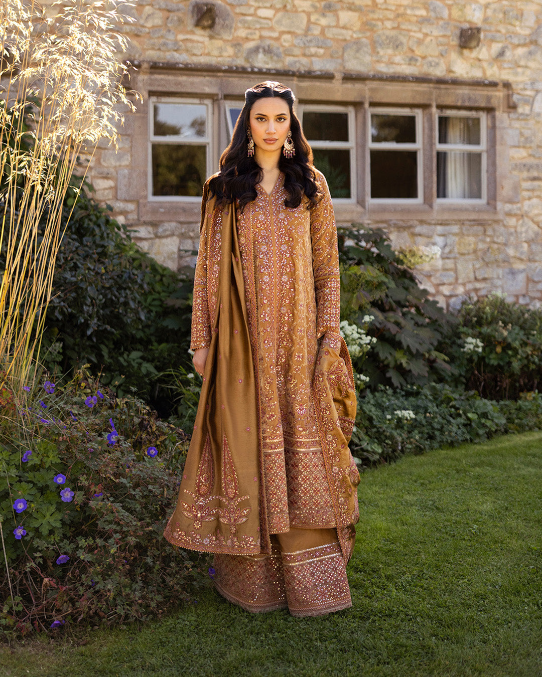 Pakistani Mustard Brown Embroidered Velvet Salwar Kameez (3-Piece) - Image 1