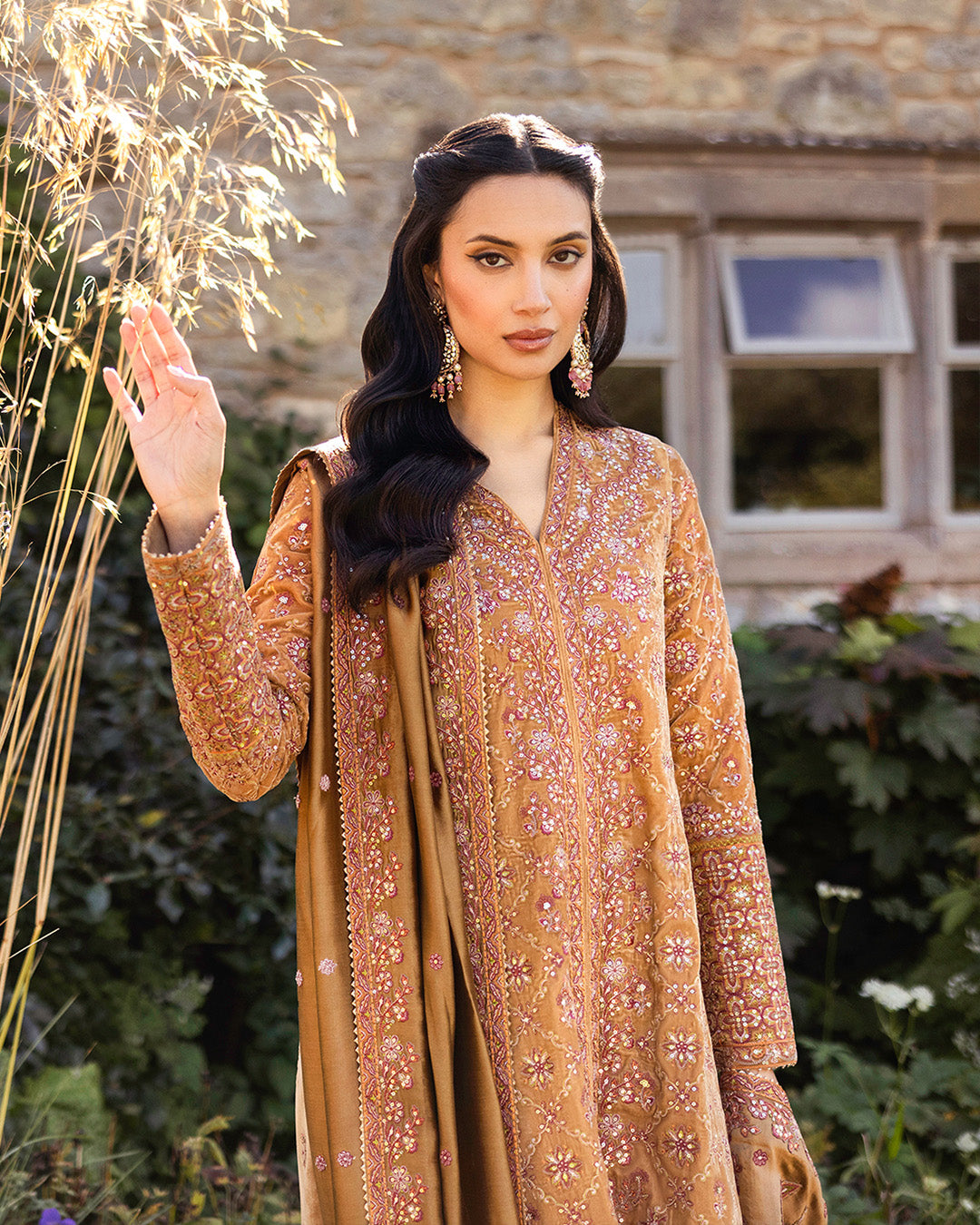 Pakistani Mustard Brown Embroidered Velvet Salwar Kameez (3-Piece) - Image 2