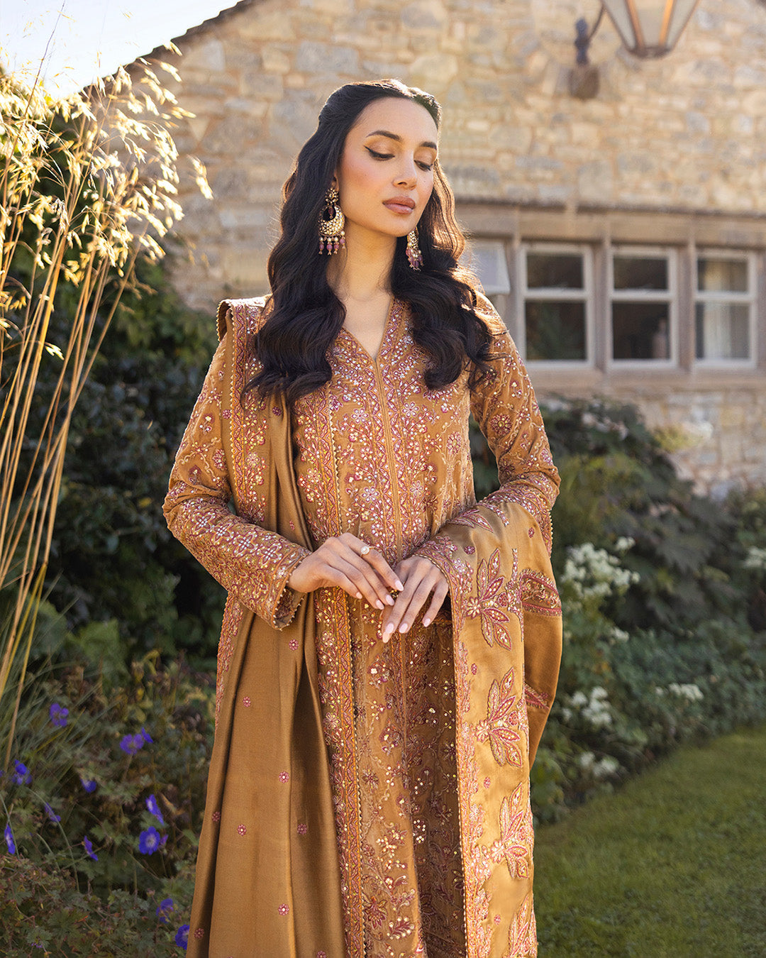 Pakistani Mustard Brown Embroidered Velvet Salwar Kameez (3-Piece) - Image 5
