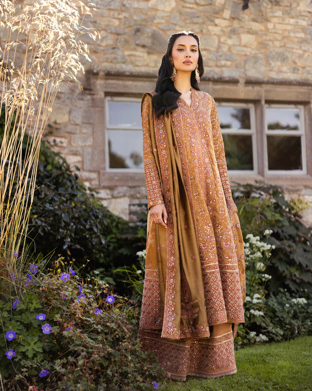 Mustard Brown Embroidered Velvet Salwar Kameez (3-Piece) - Image 3