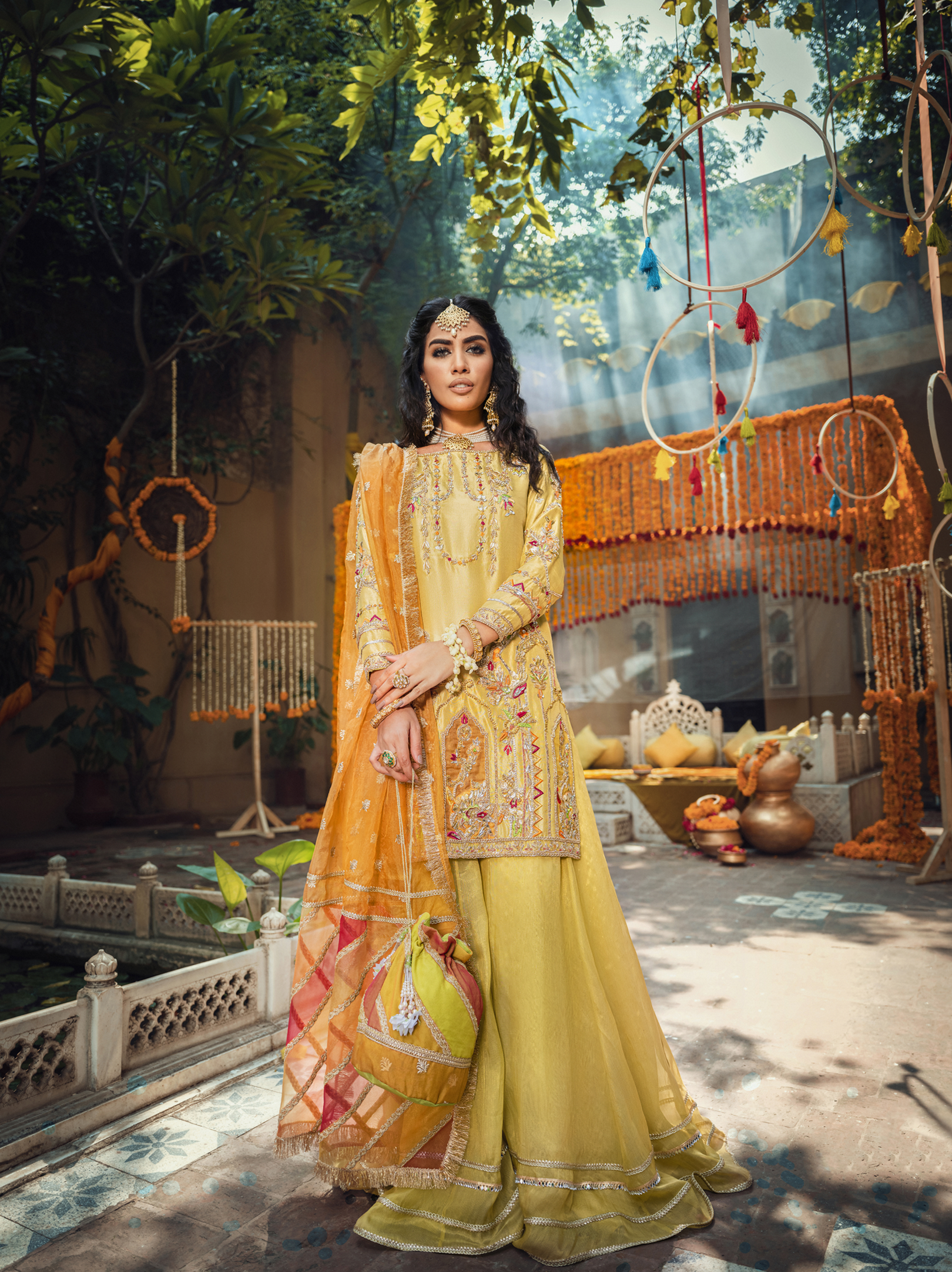 Mustard Embroidered Raw Silk Sharara (3-Piece) - Image 1