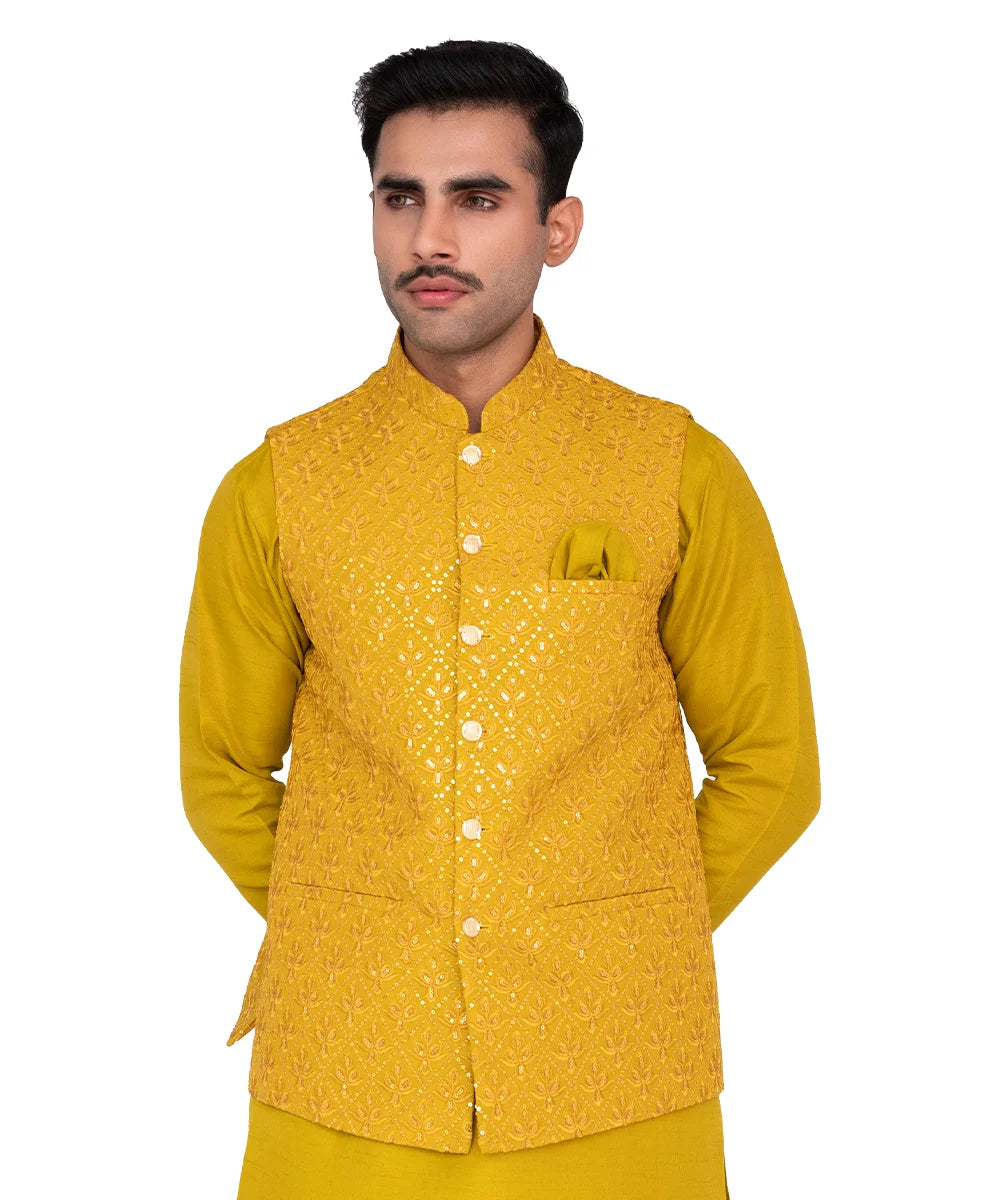 Mustard Embroidered Masoori Waistcoat Kurta Set (3-Piece) - Image 1