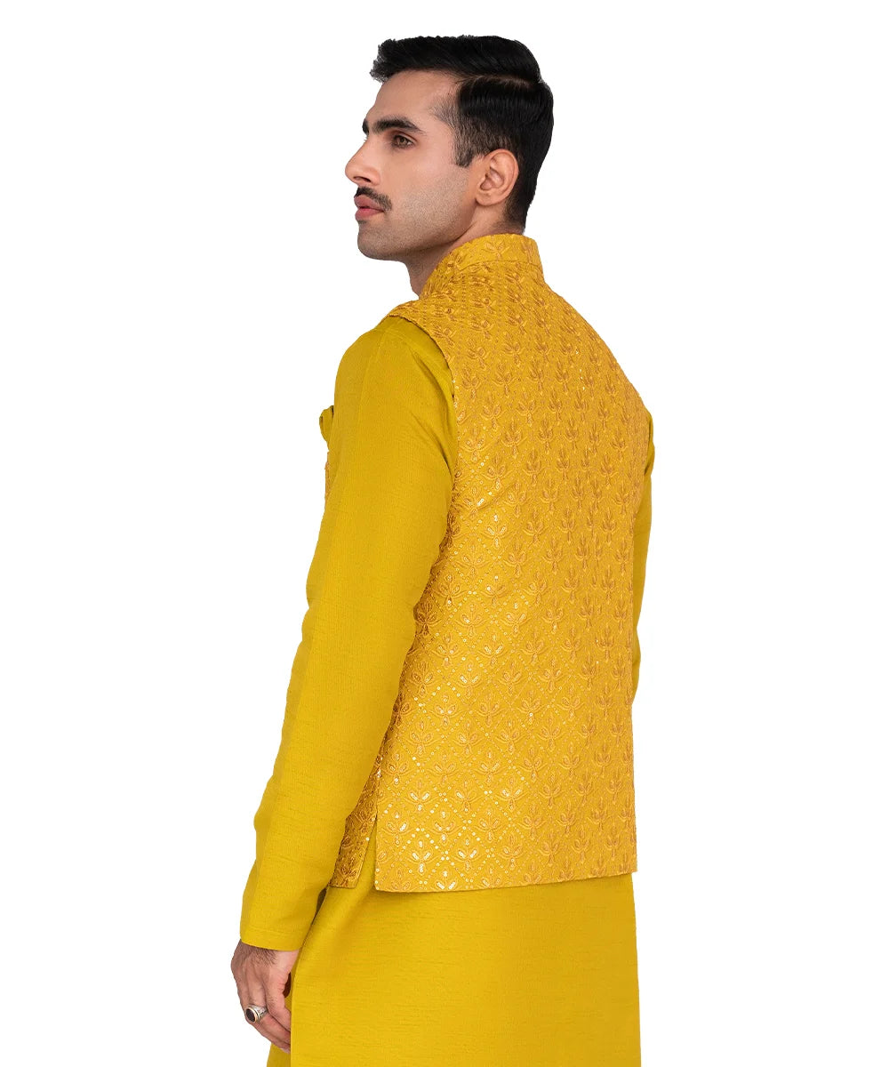 Mustard Embroidered Masoori Waistcoat Kurta Set (3-Piece) - Image 2