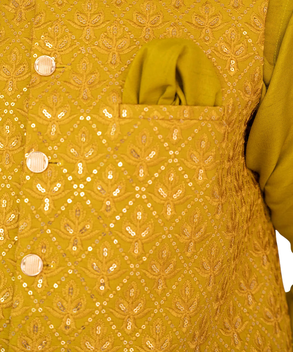Mustard Embroidered Masoori Waistcoat Kurta Set (3-Piece) - Image 4